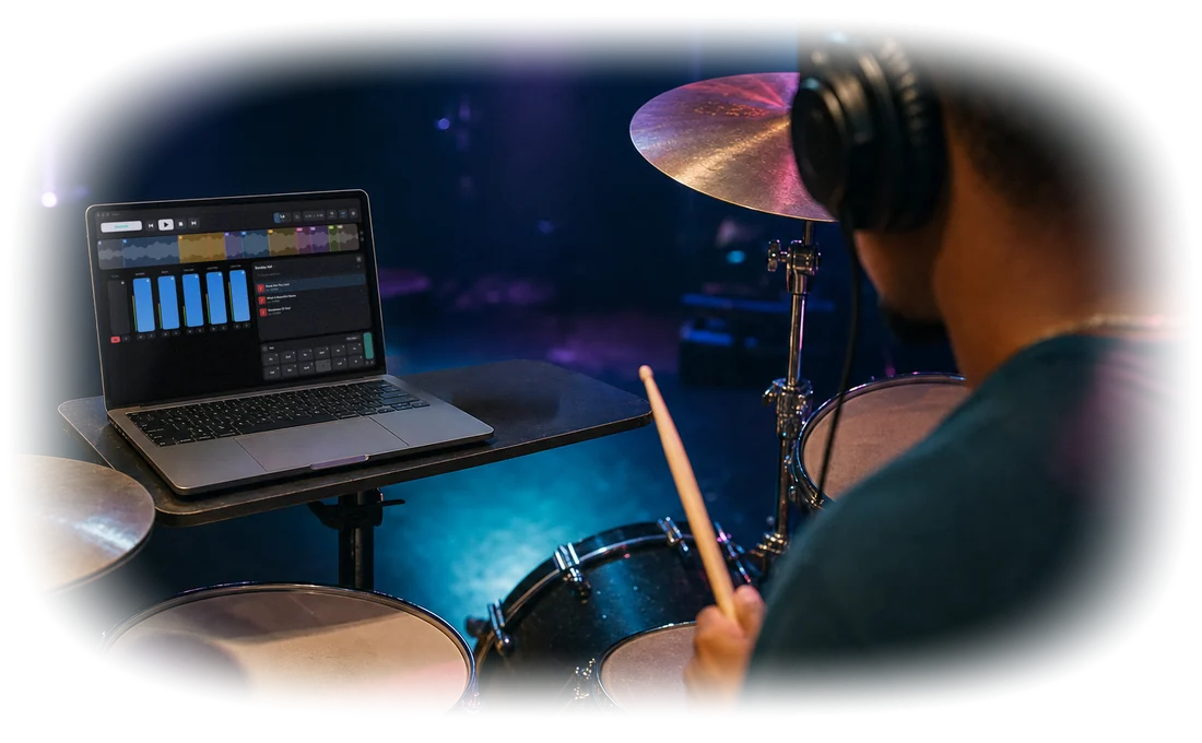 Over-the-shoulder photo of a drummer with headphones at his kit, following PeakMultitrack on a MacBook on a side table