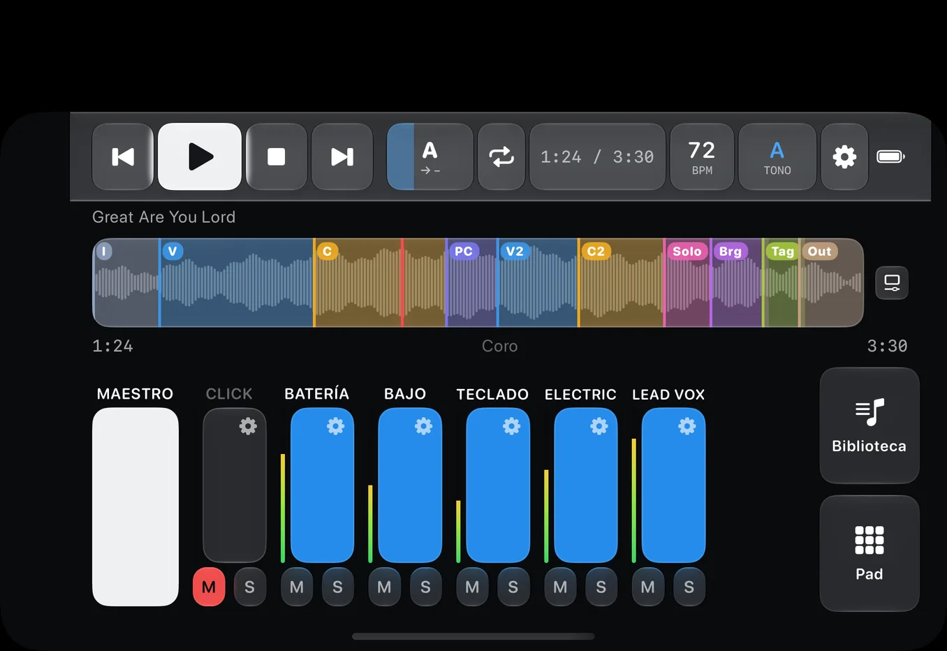 PeakMultitrack on the outer screen of a foldable iPhone, showing the compact player