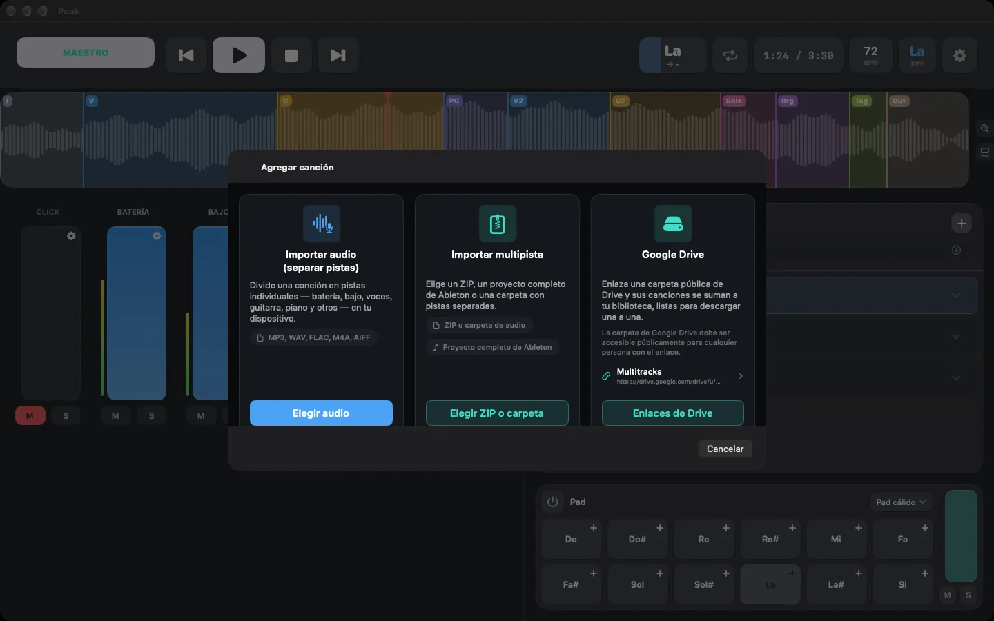PeakMultitrack Add Song screen: split audio, import multitrack or Google Drive